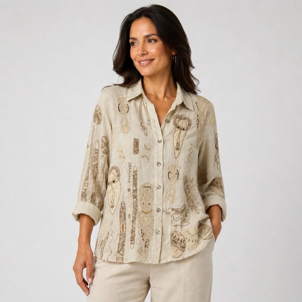 Chicos 3 Linen Folk Art Embroidered Shirt XL Ivory 3/4 Sleeve Funky Lagenlook